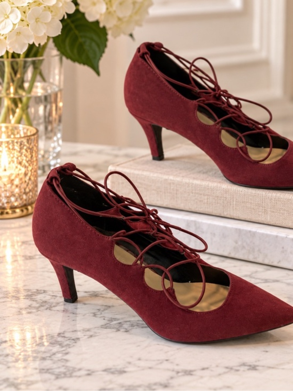 Kelly & Katie Elegant Burgundy Lace-Up Romantic Party Heels in size 7.5